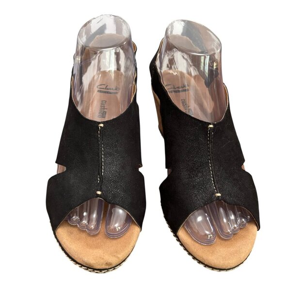 CLARKS Collection Helio Float Black Nubuck Wedge Heels Size 8 Adjustable Strap - Picture 3 of 11